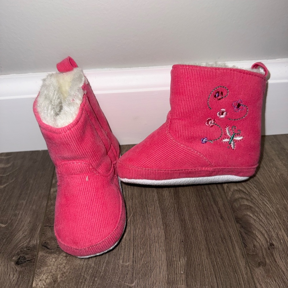 Pink Cozy Toddler Booties with Embroidered Detail